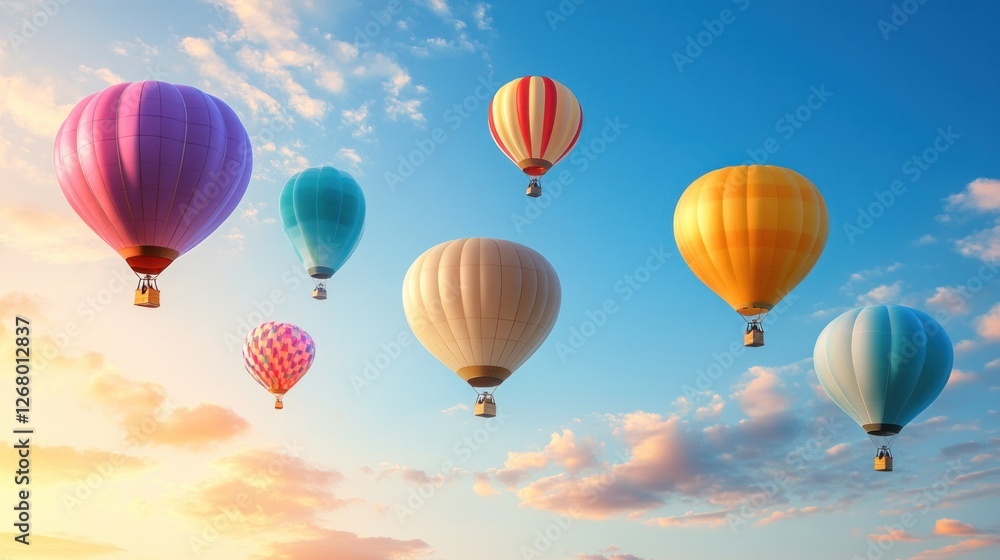 Hot air balloons ascend into a pastel sky at dawn with golden shades illuminating the clouds creating a magical atmosphere of joy Hot air balloons ascend into a pastel sky at dawn with golden shades illuminating the clouds creating a magical atmosphere of joy