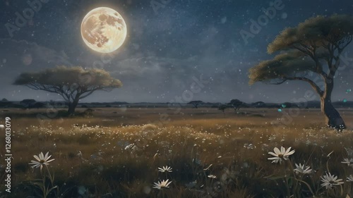 quiet and peaceful atmosphere with nuances of the natural beauty of the savanna and scenes of the beauty of the night sky with a full moon