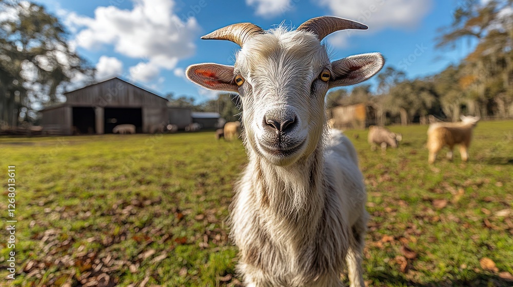 Obraz premium Happy goat stares, farm pasture, barn background, rural scene