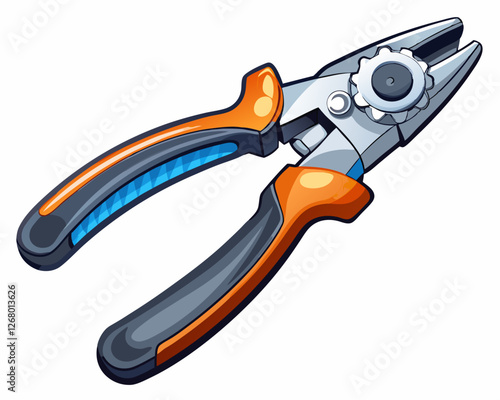 Vector illustration of a pair of pliers, ergonomic rubber handles, stainless steel, white background.