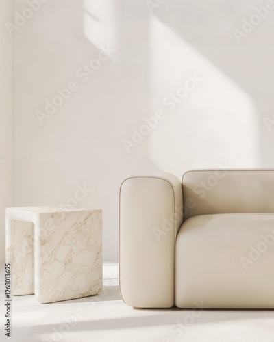 Minimalist interior beige modern leather modular sofa with marble rectangular side table 