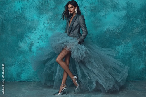 Elegant woman in a blazer and voluminous tulle skirt striking a pose against a teal backdrop, showcasing high fashion and sophisticated style statement.
