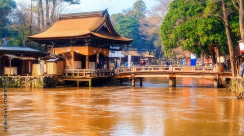 Wallpaper Mural Scenic riverside view featuring traditional architecture and a wooden bridge. Torontodigital.ca