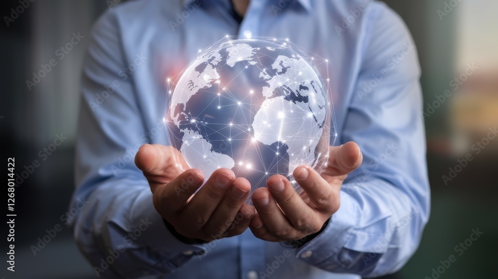 Man holds a digital globe with connecting network lines Man holds a digital globe with connecting network lines