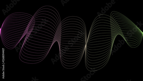 Vector curvy abstract line art wavy flowing dynamic pink black background in concept music or sound, wave, wind, information flow, white	
