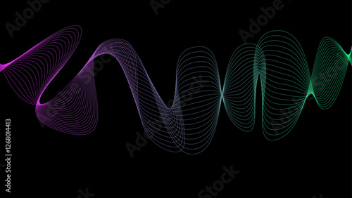 Vector curvy abstract line art wavy flowing dynamic colors black background in concept music or sound, wave, wind, information flow, white	