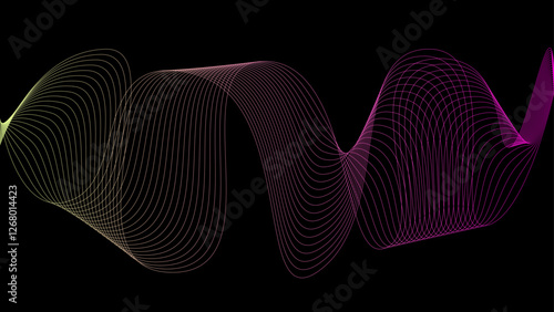 Vector curvy abstract line art wavy flowing dynamic colors black background in concept music or sound, wave, wind, information flow, white	