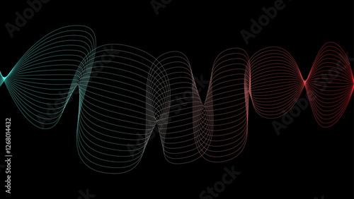 Vector curvy abstract line art wavy flowing dynamic colors black background in concept music or sound, wave, wind, information flow, white	