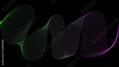 Vector curvy abstract line art wavy flowing dynamic colors black background in concept music or sound, wave, wind, information flow, white	