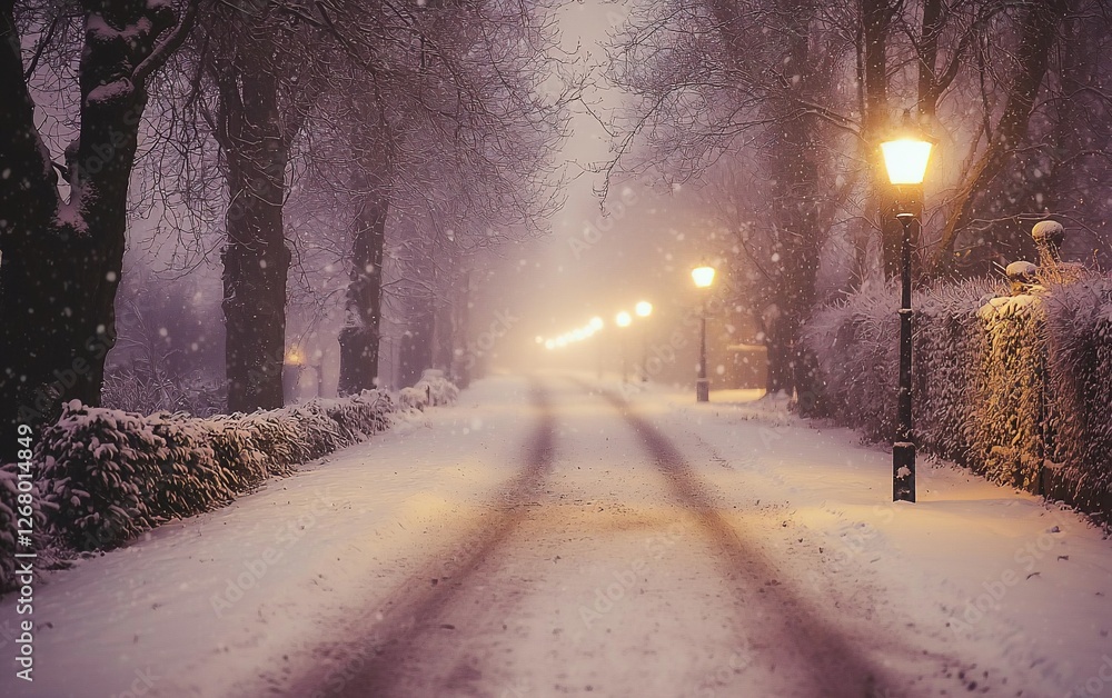 Obraz premium Snowy path, winter night, streetlights, falling snow, romantic scene, holiday card