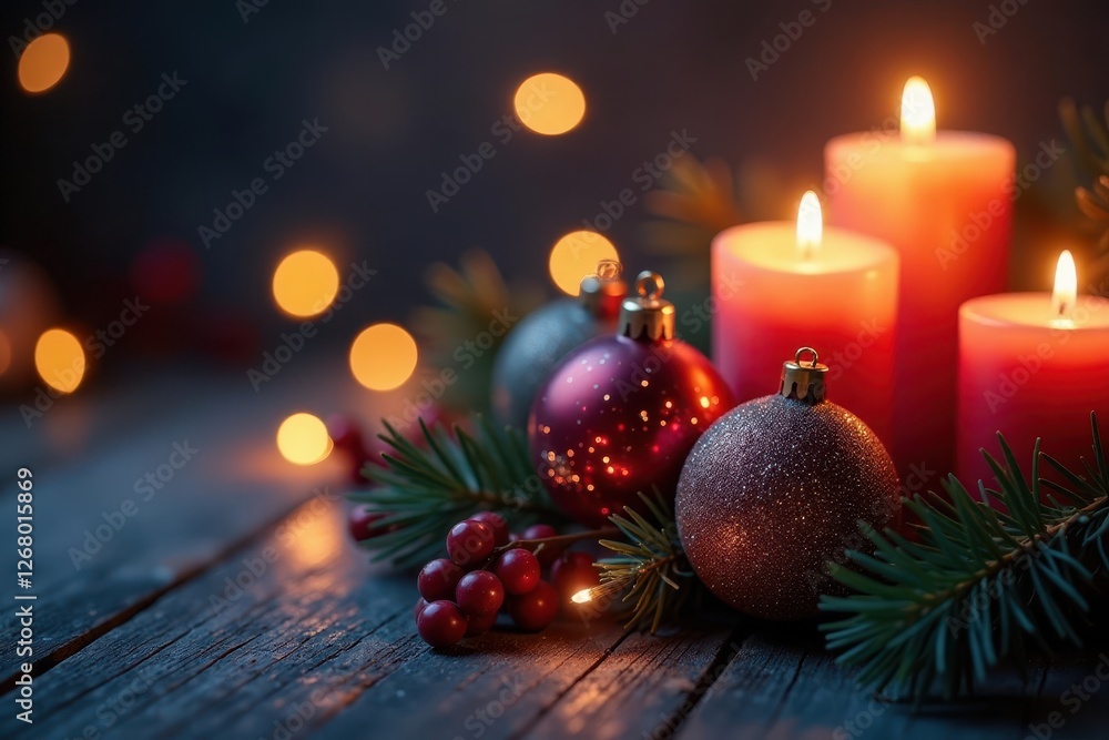 Shimmering baubles & candlelight, festive arrangement, joyful, christmas, beautiful Shimmering baubles & candlelight, festive arrangement, joyful, christmas, beautiful