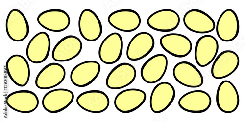 
Horizontal banner of vector images of a collection of chicken eggs, with black outline, on a white isolated background