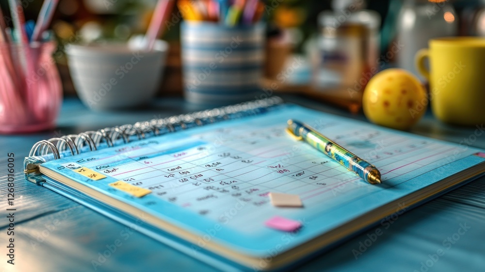 Fototapeta premium Blue planner, desk, appointments, home office, art supplies, scheduling, organization, planning, productivity, workday