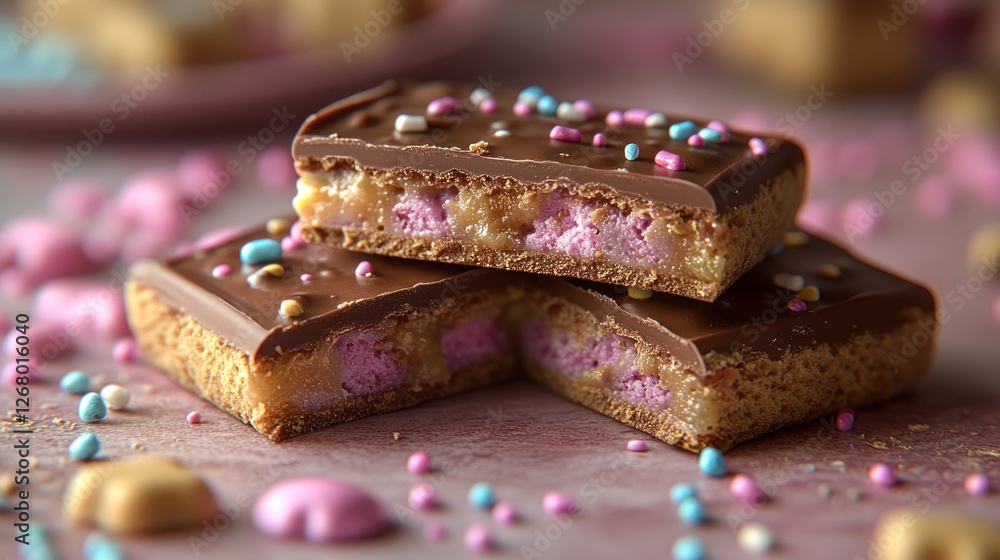 Chocolate-covered biscuits, pink filling, sprinkles, close-up, dessert Chocolate-covered biscuits, pink filling, sprinkles, close-up, dessert