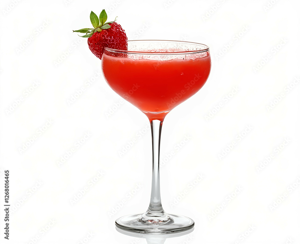 A strawberry daiquiri in a coupe glass with fresh strawberry garnish. Generative AI