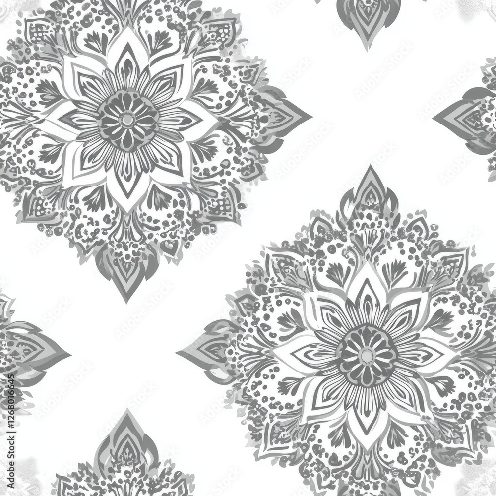 Seamless Pattern - Ornate gray floral mandala pattern on white Seamless Pattern - Ornate gray floral mandala pattern on white