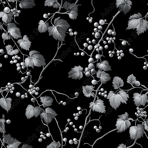 Wallpaper Mural Seamless Pattern - Monochrome grapevine pattern on black background. Torontodigital.ca
