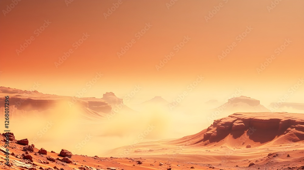 Fototapeta premium Mars Landscape with Fiery Orange Sky and Dusty Terrain in Red Planet Atmosphere Martian Scenery Space Exploration