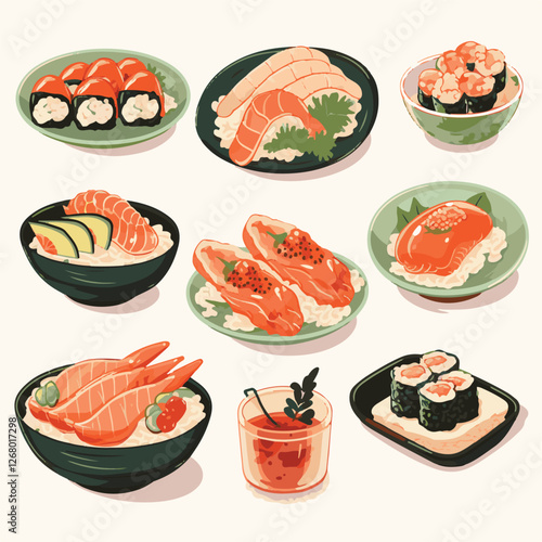 Adobe Illustrafood, japanese, cuisine, traditional, asian, meal, japan, restaurant, culture, healthy, rice, seafood, japanese food, sushi, dish, fresh, delicious, lunch, gourmet, menu, dinntor Artwork