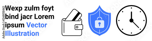Wallet containing credit cards, security shield with a padlock symbol, and a clock face. Ideal for finance management, security, time management, online banking, digital transactions, safety