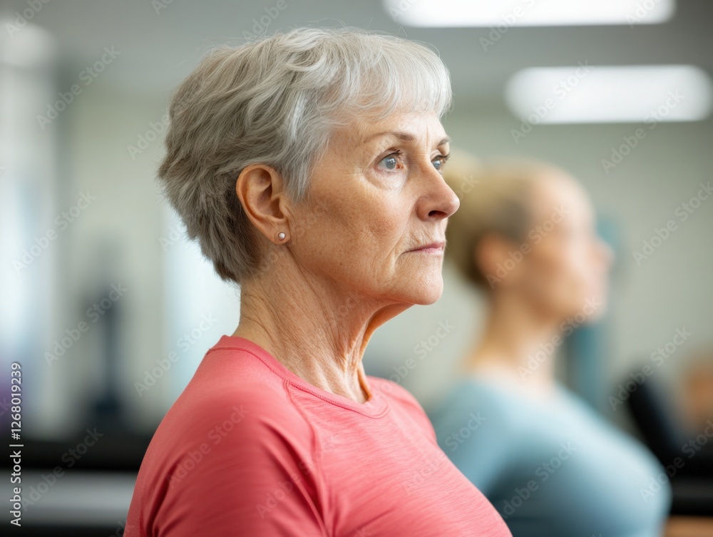 Older woman in exercise class looking forward Older woman in exercise class looking forward