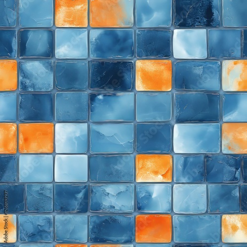Wallpaper Mural Seamless Pattern - Abstract tile pattern in blue and orange hues Torontodigital.ca