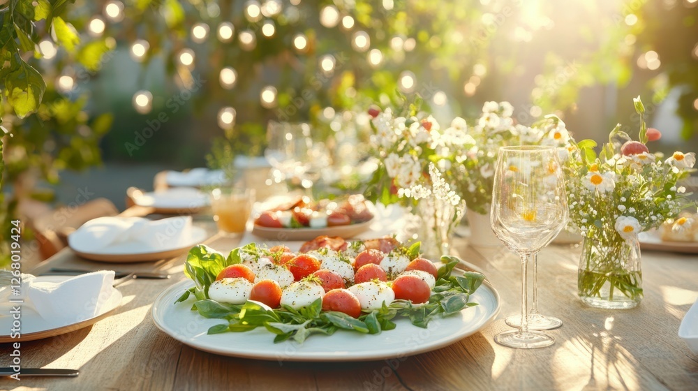 Summer Garden Feast: A rustic wooden table adorned with a vibrant salad and sparkling wine glasses, set amidst a picturesque garden backdrop of blooming flowers and warm afternoon sunshine. Summer Garden Feast: A rustic wooden table adorned with a vibrant salad and sparkling wine glasses, set amidst a picturesque garden backdrop of blooming flowers and warm afternoon sunshine.