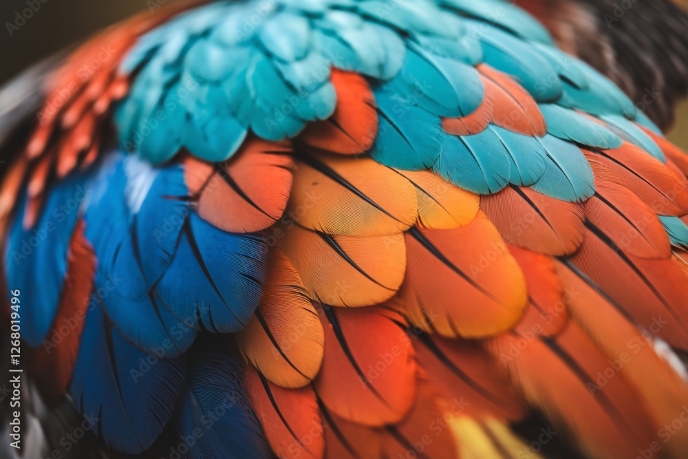 Obraz premium Vibrant feathers showcasing a stunning blend of blue, orange, and green hues from a tropical bird.