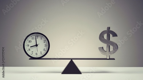 A balanced scale features a clock and a dollar sign, symbolizing the value of time versus money.