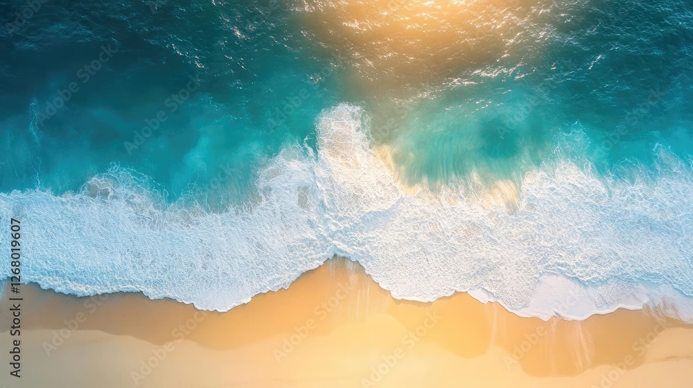 Aerial Serenity of Pristine Coastal Sands with Turquoise Waves and Sunlit Horizons Creating an Inviting Summer Escape and Spa Experience Aerial Serenity of Pristine Coastal Sands with Turquoise Waves and Sunlit Horizons Creating an Inviting Summer Escape and Spa Experience