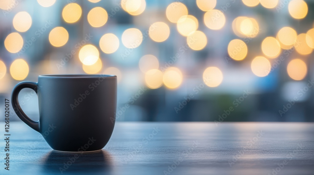 Coffee Break in the City: A simple cup of coffee stands on a wooden table, its warmth contrasting against the cool blue of a cityscape backdrop. Coffee Break in the City: A simple cup of coffee stands on a wooden table, its warmth contrasting against the cool blue of a cityscape backdrop.