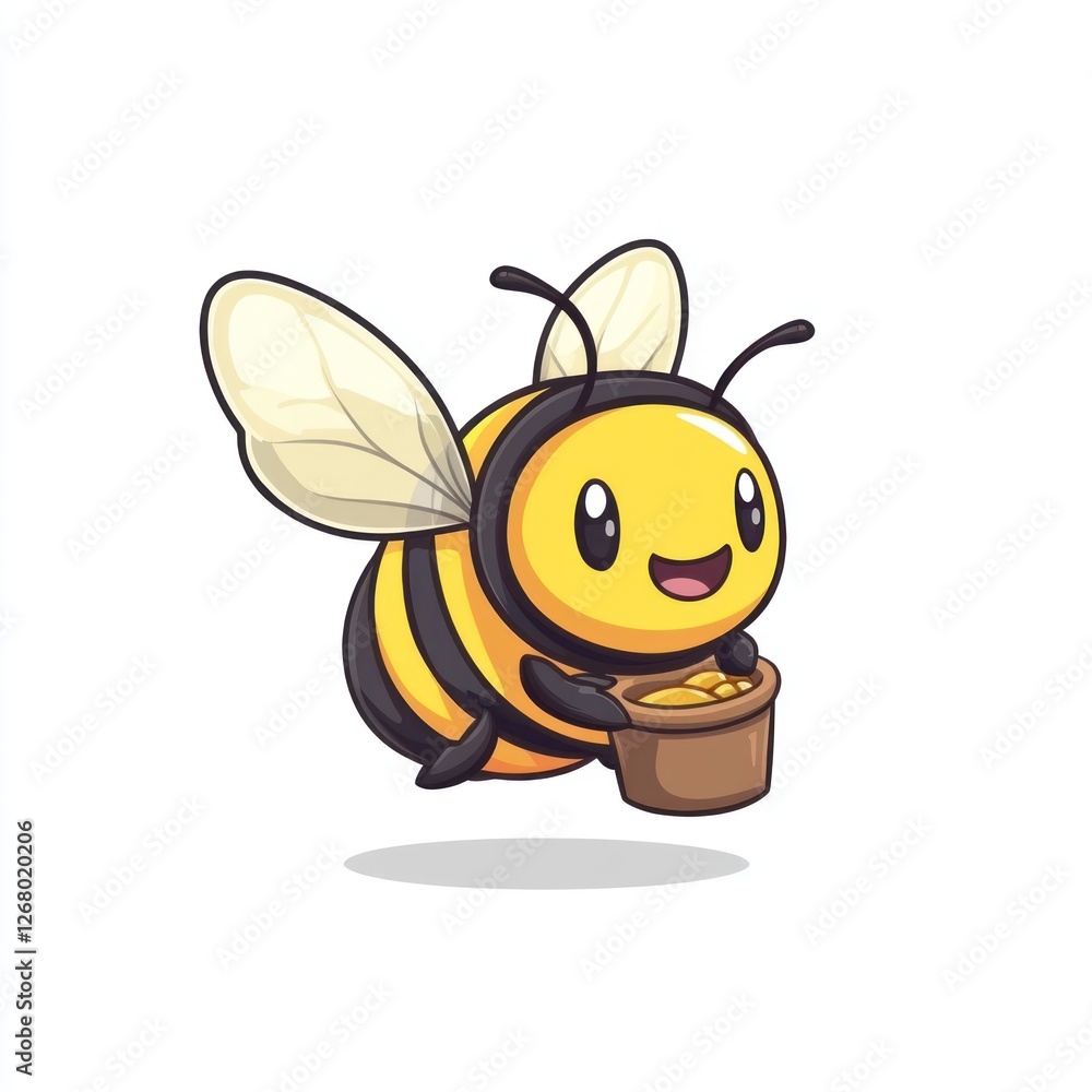 Happy bee carrying honey, flying, white background, children's illustration Happy bee carrying honey, flying, white background, children's illustration