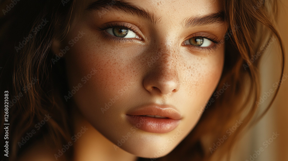 Close-up of a young woman with freckles and soft features during golden hour Close-up of a young woman with freckles and soft features during golden hour