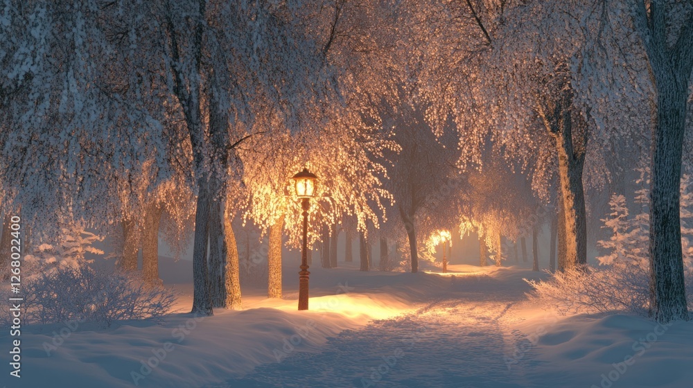 Snow covered trees line a winter path illuminated by lamplight Snow covered trees line a winter path illuminated by lamplight