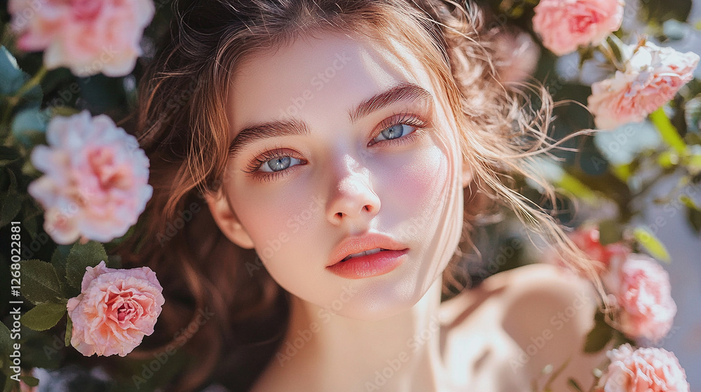 Obraz premium Young woman with striking blue eyes surrounded by blooming roses in a garden setting
