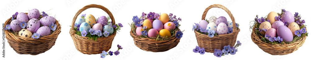 Naklejka premium Colorful Easter egg baskets decorated with delicate spring flowers and natural elements