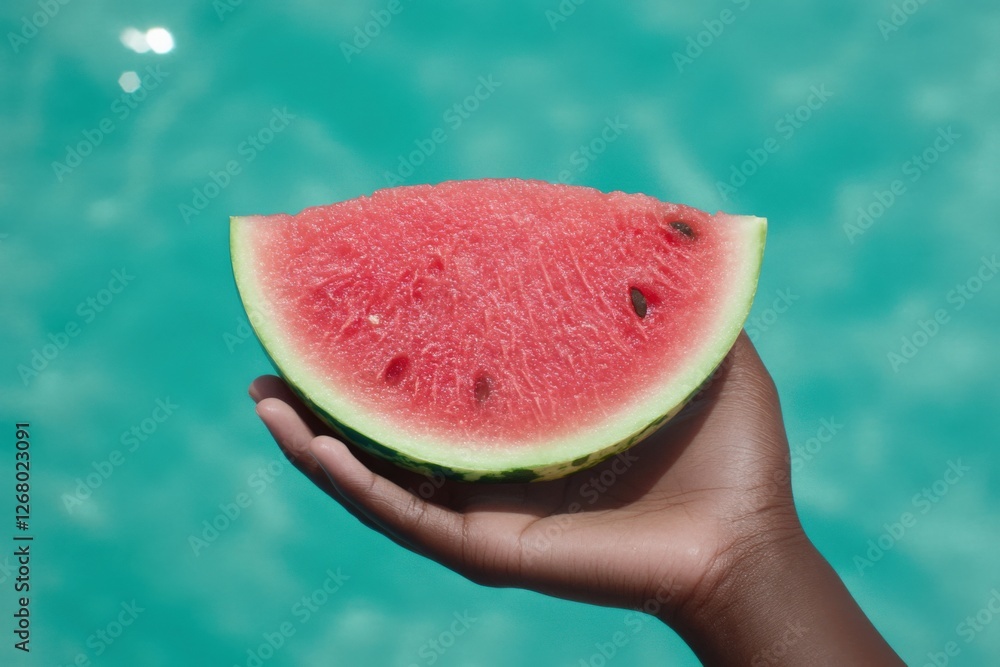 Hand Holding Watermelon Slice Near Water Hand Holding Watermelon Slice Near Water