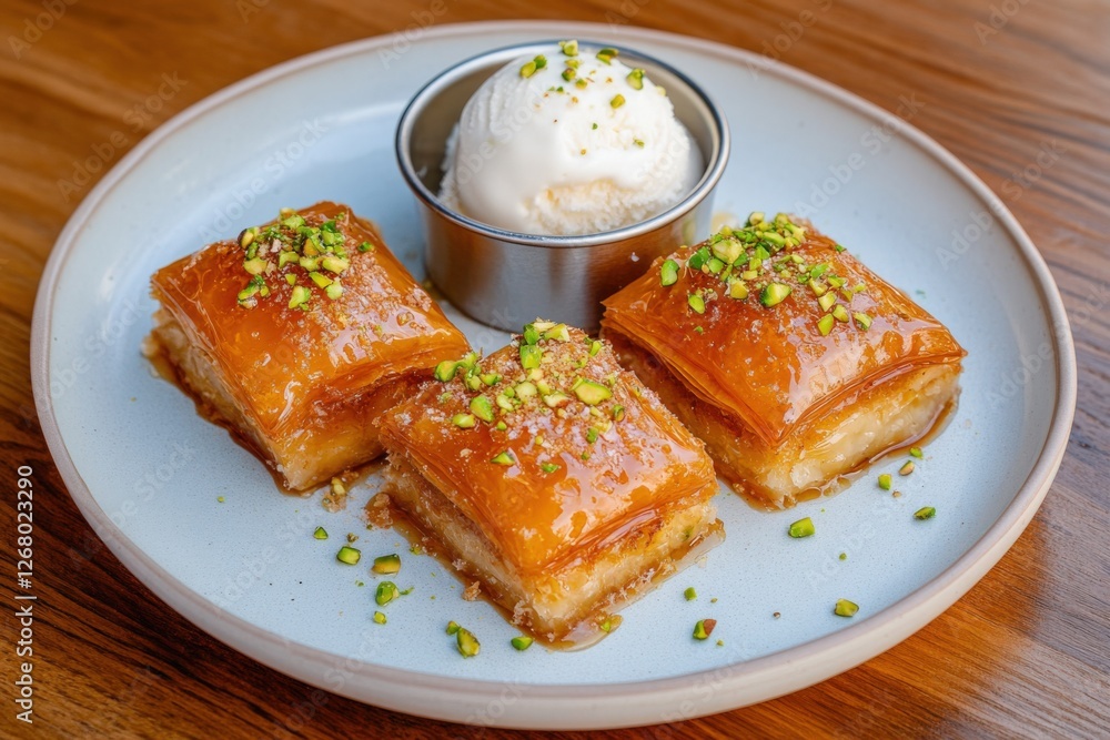 Baklava and Ice Cream Dessert on a Plate Baklava and Ice Cream Dessert on a Plate