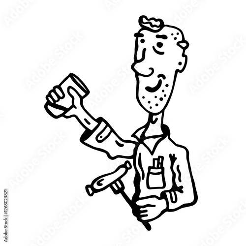 Black and white drawing of a smiling man with stubble and a raised glass and a skewered, on a fork, sausage.