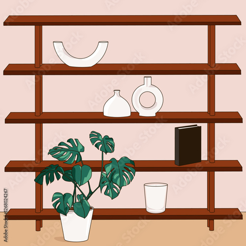 Wooden Shelving Unit with Home Decor and Monstera Plant
