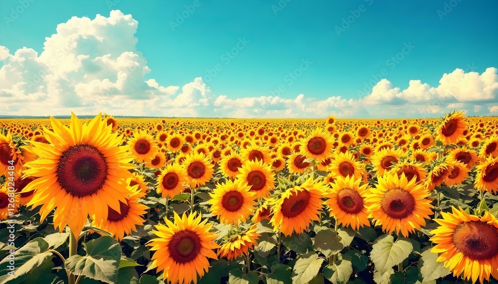 Fototapeta premium Un campo de girasoles bajo un cielo azul con nubes blancas