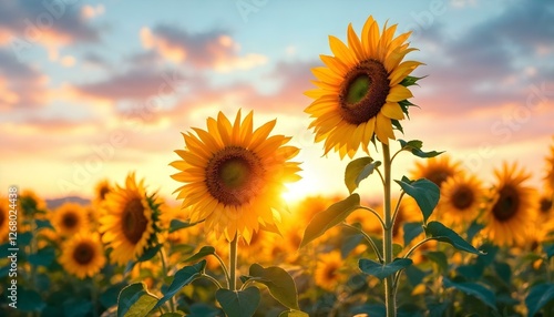 Un campo de girasoles bajo un cielo azul con nubes blancas