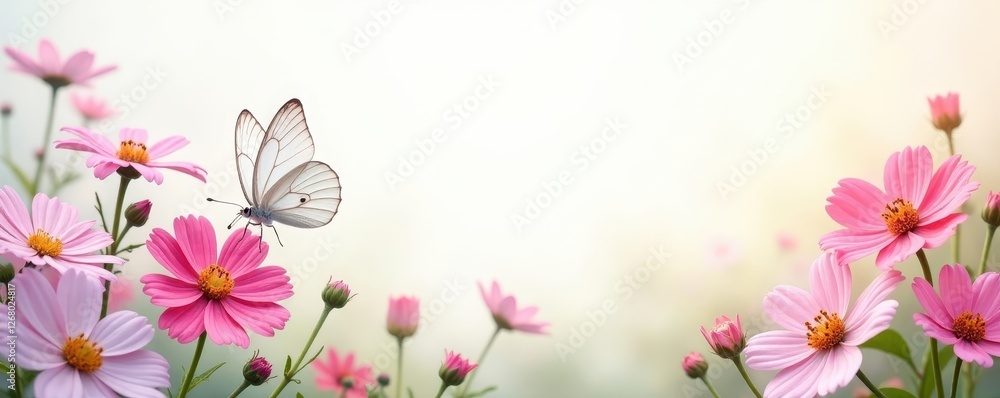 Delicate white butterflies flutter around vibrant wildflowers on a pristine white background , airy, macro, butterfly Delicate white butterflies flutter around vibrant wildflowers on a pristine white background , airy, macro, butterfly