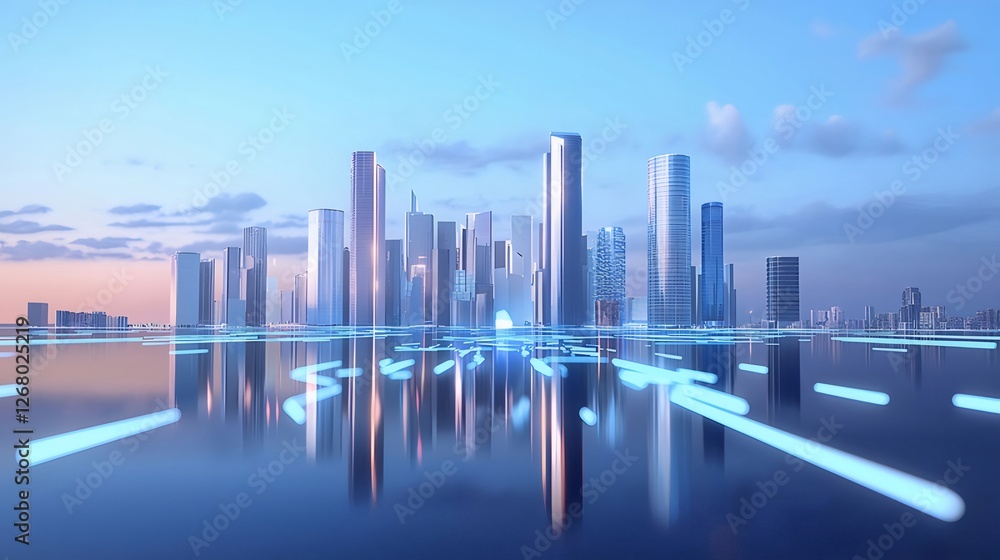 Futuristic city skyline, data streams reflect on water Futuristic city skyline, data streams reflect on water
