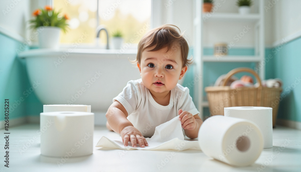 Curious young Latinx toddler exploring bathroom with toilet paper, playful discovery Curious young Latinx toddler exploring bathroom with toilet paper, playful discovery
