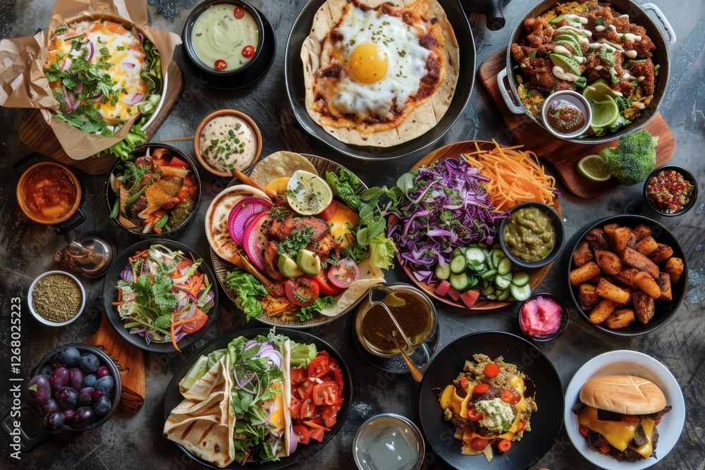 Delicious spread of Mediterranean dishes featuring fresh ingredients and vibrant colors in a cozy dining setup Delicious spread of Mediterranean dishes featuring fresh ingredients and vibrant colors in a cozy dining setup