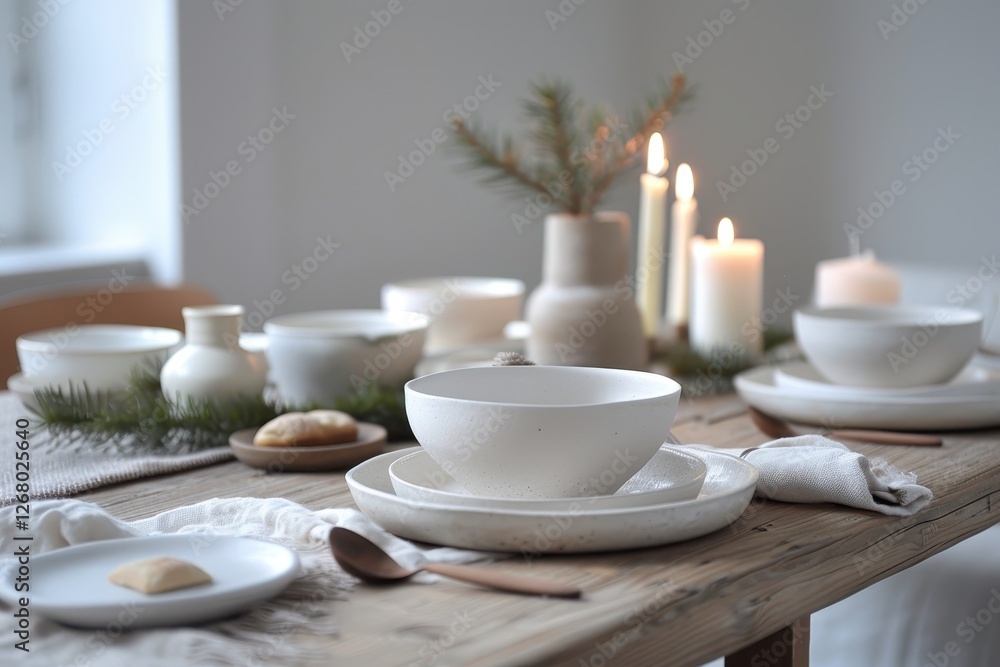 Elegant dining table setup featuring natural decor with candles and an assortment of fresh foods, showcasing a warm gathering atmosphere Elegant dining table setup featuring natural decor with candles and an assortment of fresh foods, showcasing a warm gathering atmosphere