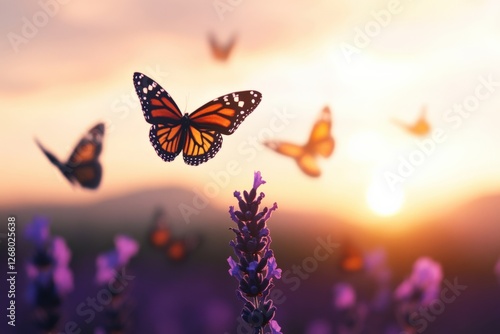 Wallpaper Mural Monarch Butterflies Flying Over Lavender Field at Sunset Torontodigital.ca