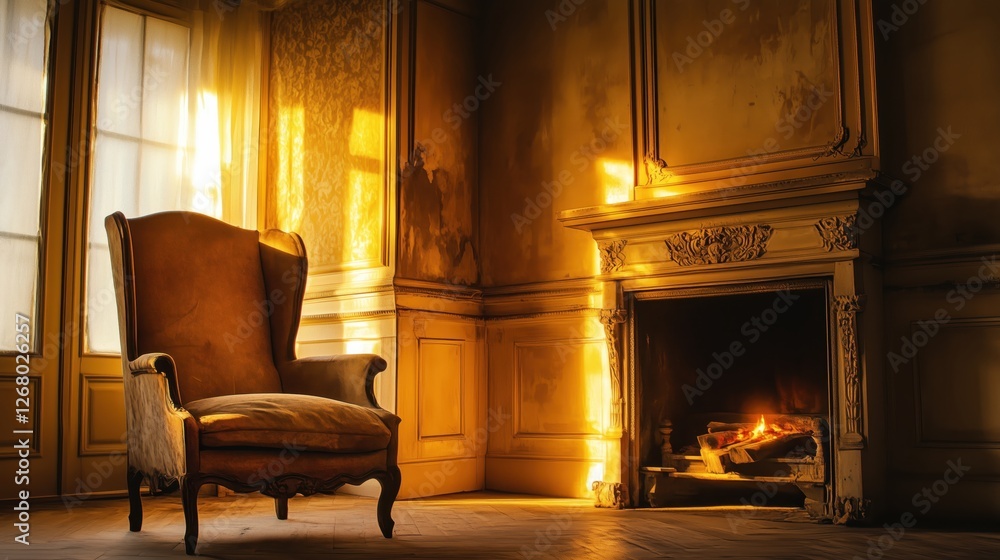 Soft golden light flickers from a nearby fireplace, casting shadows on an elegant plaster ceiling as a worn wooden armchair rests in quiet solitude. Soft golden light flickers from a nearby fireplace, casting shadows on an elegant plaster ceiling as a worn wooden armchair rests in quiet solitude.