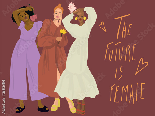 Illustration Femme diversité noire blanche fleur 8 mars texte le futur est féminin vecteur 